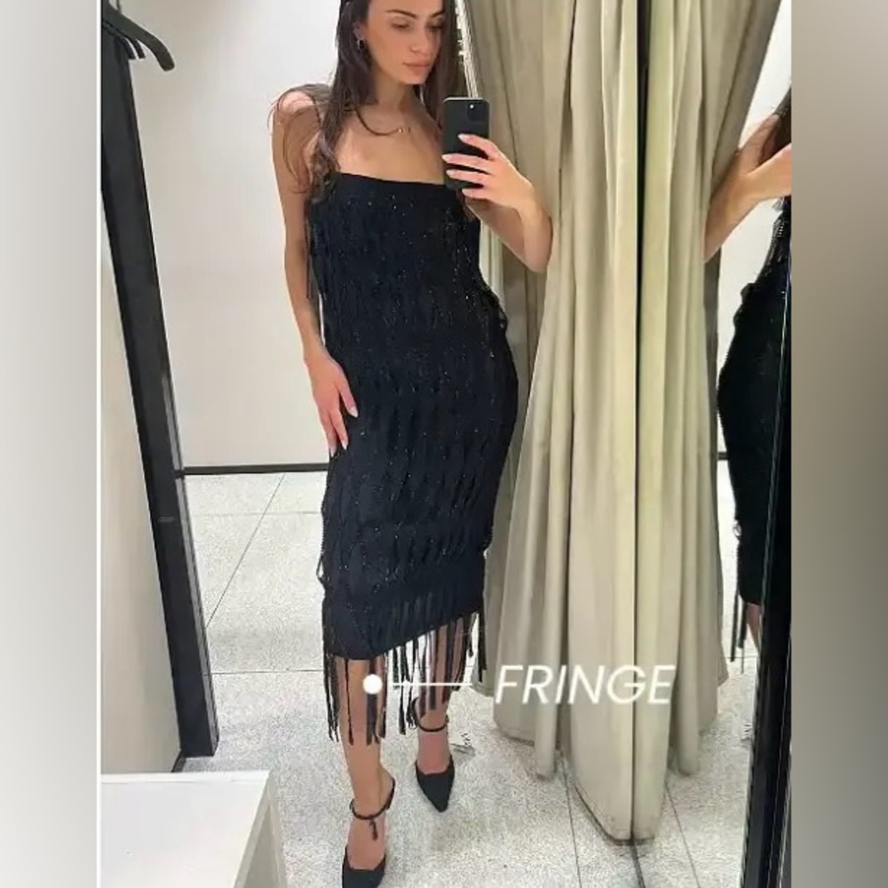 New Zara $160 Sequinned Black Dress with Fringing 9363/122 XS-S XS - Small